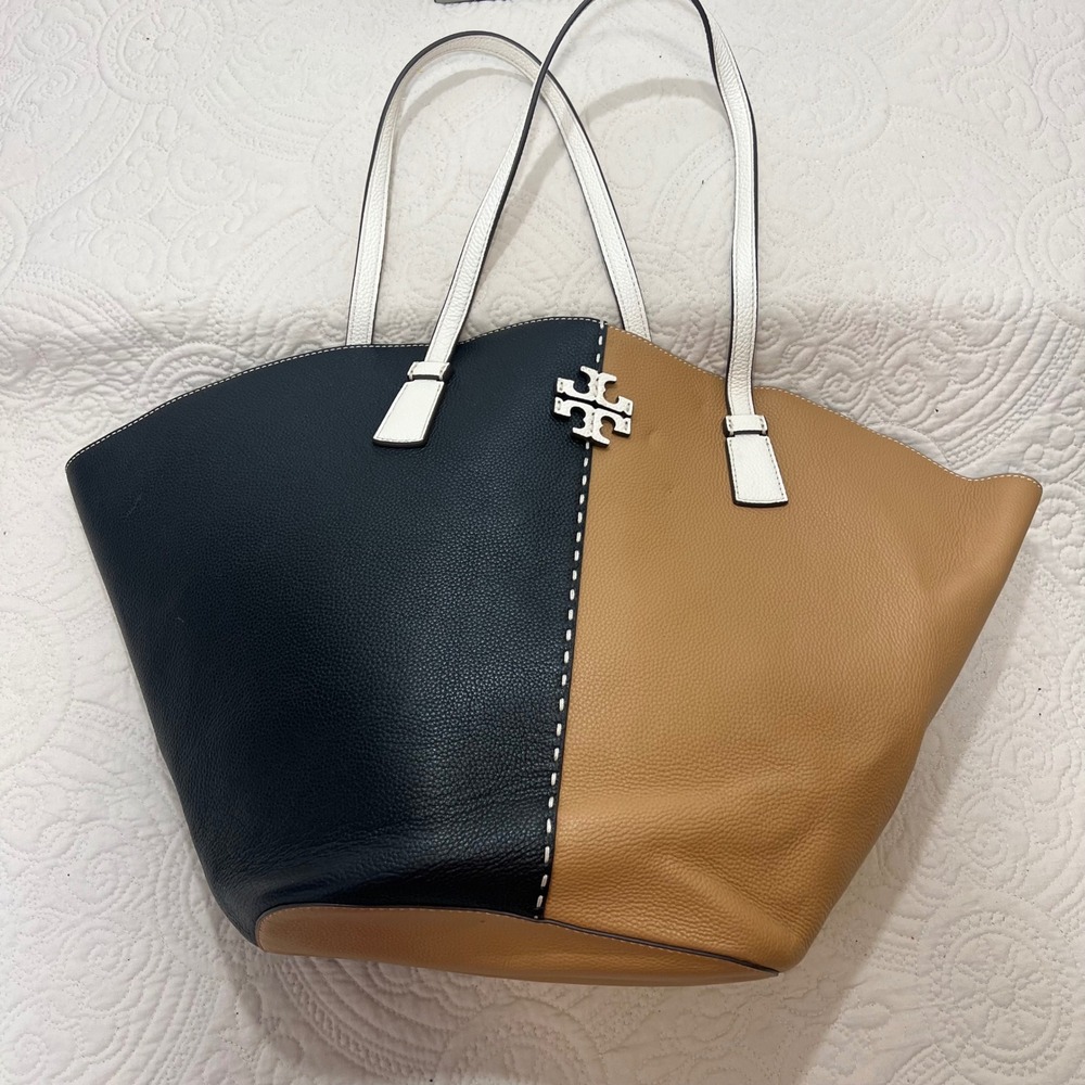 Tory Burch McGraw Colorblock Tote Bag Black Tiramisu Pebbled Leather Large Pouch - Picture 9 of 10